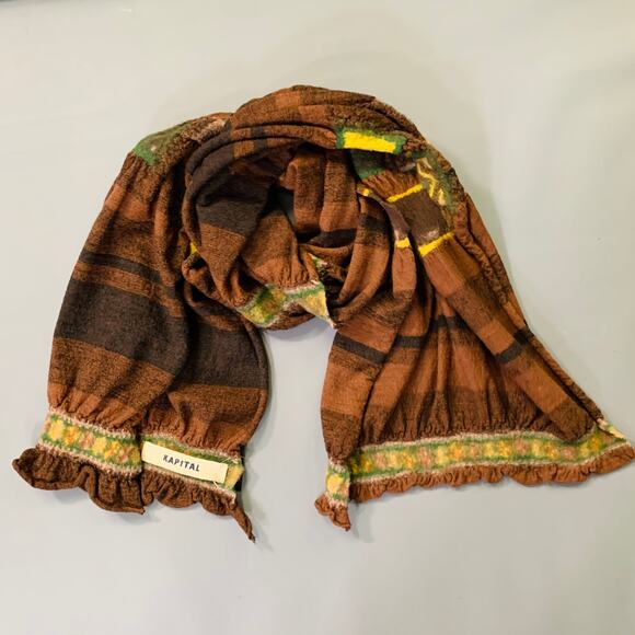 KAPITAL Brown Multi Color Felted Squares Wool Scarf - Picture 5 of 7